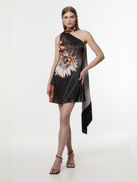 Karen Millen Dresses & Skirts - NWT Karen Millen Viscose Satin Tie Neck Scarf Mini Dress Floral Print US12